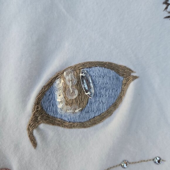 Vintage 80s Cat Face Tank Top size M Embroidered Rhinestone White V Neck - Picture 5 of 7